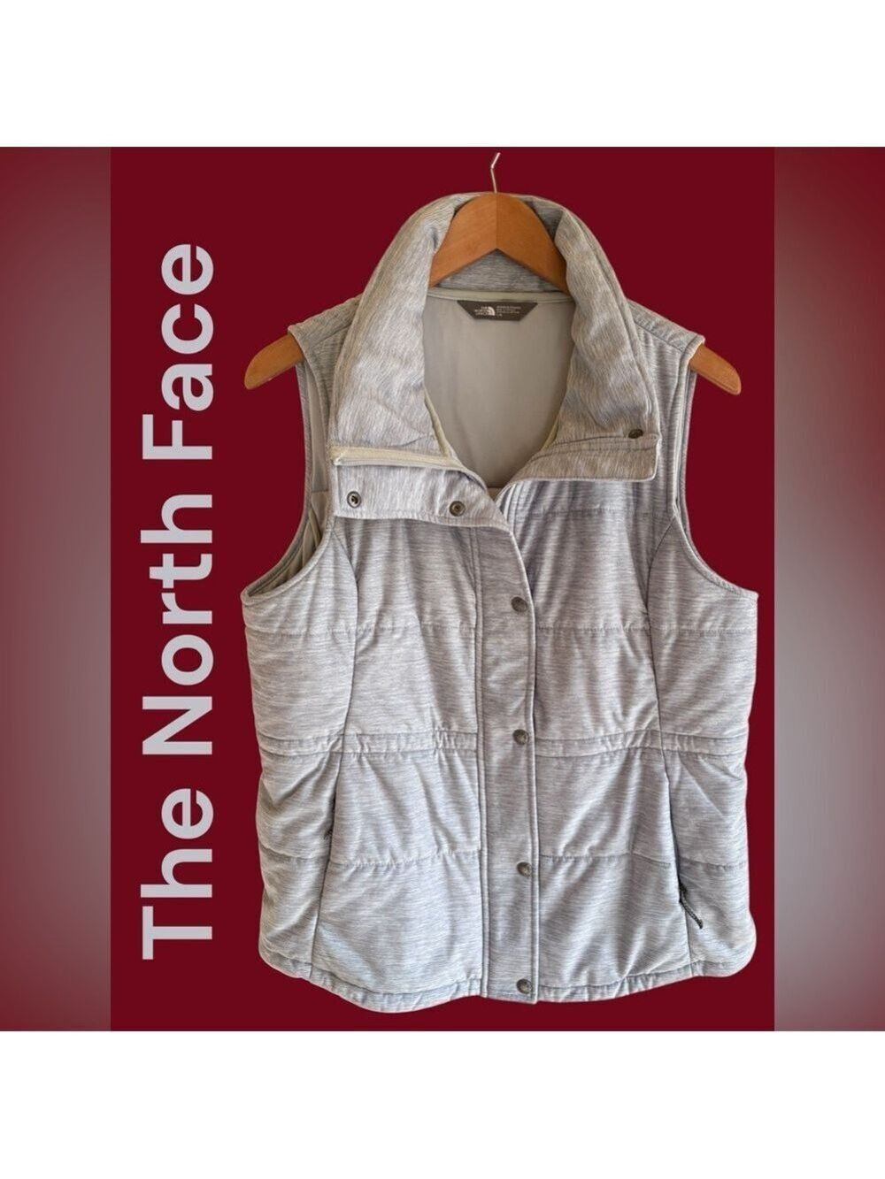 The North Face-women’s Large heather gray Pseudio Vest. Zip/snap front EUC!